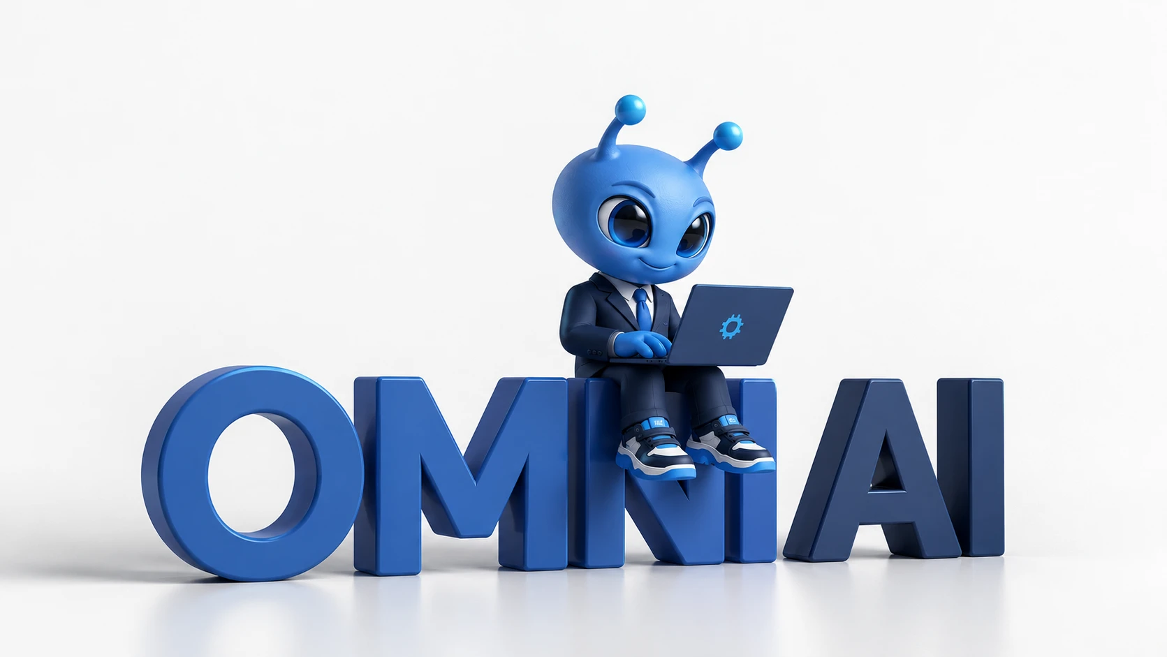 Mascote da OMNI.IA, um alienígena azul de terno, trabalhando no notebook sentado sobre as letras 3D OMNIAI